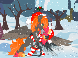 Size: 8000x6000 | Tagged: safe, artist:crazysketch101, derpibooru import, oc, oc only, oc:ashton burnside, oc:crazy looncrest, pegasus, pony, christmas, clothes, hat, holiday, kissing, leggings, mistletoe, santa hat, scarf, ship:burncrest, snow, snowfall, socks, striped scarf, striped socks, tree