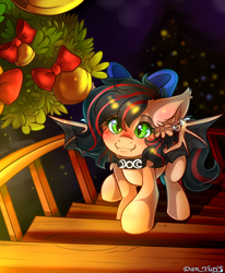 Size: 1700x2064 | Tagged: safe, artist:yuris, derpibooru import, oc, oc only, oc:nox, bat pony, pony, bat pony oc, bell, blue eyes, blushing, brown mane, christmas, christmas lights, christmas tree, commission, cute, ear piercing, ears back, female, garland, holiday, house, indoors, looking at you, looking up, looking up at you, piercing, room, smiling, solo, spread wings, staircase, string lights, tree, wings, ych result