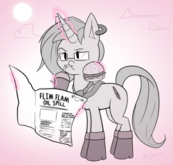 Size: 2181x2076 | Tagged: safe, artist:john sludge, derpibooru import, oc, oc only, pony, unicorn, burger, drink, drinking, drinking straw, food, funny, hamburger, newspaper, solo