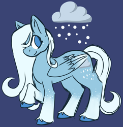 Size: 1981x2048 | Tagged: safe, artist:primrosedinocat, derpibooru import, oc, oc only, oc:northern wind, pegasus, blue background, coat markings, cutie mark, folded wings, looking back, pegasus oc, raised hoof, raised leg, simple background, smiling, socks (coat marking), solo, tail, unshorn fetlocks, wings