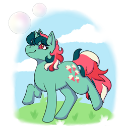 Size: 2000x2000 | Tagged: safe, alternate version, artist:primrosedinocat, derpibooru import, fizzy, pony, twinkle eyed pony, unicorn, g1, bubble, cloud, female, grass, looking up, mare, outdoors, partially transparent background, raised hoof, raised leg, smiling, solo, tail