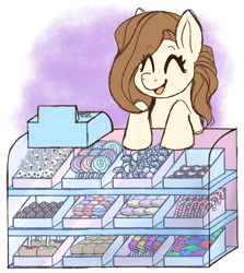 Size: 1828x2048 | Tagged: safe, artist:primrosedinocat, derpibooru import, oc, oc only, oc:caramel cube, earth pony, pony, candy, candy cane, candy shop, caramel apple (food), cash register, chocolate, earth pony oc, eyes closed, female, food, lollipop, macaron, mare, open mouth, open smile, requested art, smiling, solo