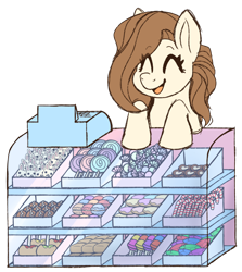 Size: 1828x2048 | Tagged: safe, alternate version, artist:primrosedinocat, derpibooru import, oc, oc only, oc:caramel cube, earth pony, pony, candy, candy cane, candy shop, caramel apple (food), cash register, chocolate, earth pony oc, eyes closed, female, food, lollipop, macaron, mare, open mouth, open smile, requested art, simple background, smiling, solo, transparent background