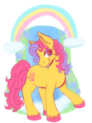 Size: 958x1289 | Tagged: safe, artist:primrosedinocat, derpibooru import, earth pony, pony, g2, cloud, eyeshadow, female, lidded eyes, makeup, mare, rainbow, raised hoof, raised leg, satin splash, smiling, tail, toy interpretation, unshorn fetlocks, water, waterfall