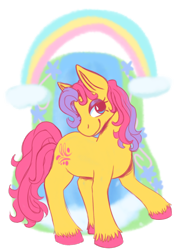 Size: 958x1289 | Tagged: safe, alternate version, artist:primrosedinocat, derpibooru import, earth pony, pony, g2, cloud, eyeshadow, female, lidded eyes, makeup, mare, rainbow, raised hoof, raised leg, satin splash, simple background, smiling, tail, toy interpretation, transparent background, unshorn fetlocks, water, waterfall