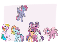 Size: 2000x1500 | Tagged: safe, artist:primrosedinocat, derpibooru import, cheerilee (g3), pinkie pie (g3), rainbow dash (g3), scootaloo (g3), starsong, sweetie belle (g3), toola roola, earth pony, pegasus, pony, unicorn, g3, g3.5, ask, bipedal, core seven, eyes closed, female, group, horn, hug, looking down, open mouth, open smile, passepartout, raised hoof, raised leg, requested art, smiling, spread wings, tail, wings