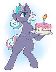 Size: 1026x1325 | Tagged: safe, artist:primrosedinocat, derpibooru import, razzaroo, earth pony, pony, g3, bipedal, birthday cake, birthday candles, cake, female, fire, food, heart, heart eyes, mare, open mouth, open smile, plate, smiling, solo, tail, wingding eyes