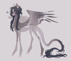 Size: 1440x1228 | Tagged: safe, artist:meggychocolatka, derpibooru import, oc, oc only, pegasus, pony, adoptable, concave belly, eye clipping through hair, eyebrows, eyebrows visible through hair, female, gray background, leonine tail, long tail, mare, partially open wings, simple background, skinny, solo, tail, thin, thin legs, wings