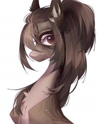 Size: 1440x1817 | Tagged: safe, artist:meggychocolatka, derpibooru import, oc, oc only, earth pony, pony, chest fluff, ear fluff, ears, eye clipping through hair, female, looking at you, mare, simple background, solo, white background