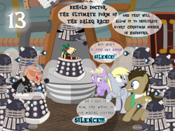 Size: 1032x774 | Tagged: safe, artist:bronybyexception, derpibooru import, derpy hooves, dinky hooves, doctor whooves, alien, cyborg, earth pony, pegasus, pony, unicorn, g4, advent calendar, amputee, dalek, dalek drone, davros, doctor who, figgy pudding, food, mutant, ponified, prosthetic eye, prosthetic hand, prosthetics, sadism, species swap, you monster