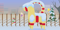 Size: 4320x2160 | Tagged: safe, anonymous artist, derpibooru import, big macintosh, fluttershy, rainbow dash, earth pony, goat, pegasus, pony, series:fm holidays, series:hearth's warming advent calendar 2023, g4, advent calendar, alternate hairstyle, camera, christmas, clothes, earmuffs, female, fence, fire, fluttermac, grin, hat, hay, high res, holiday, hoof hold, lineless, male, mare, pointy ponies, posing for photo, scarf, shipping, short mane, smiling, snow, stallion, straight, sweater, this will end in fire, torch, winter outfit