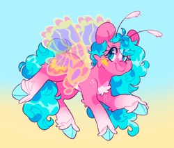 Size: 2048x1743 | Tagged: safe, artist:cocopudu, derpibooru import, pony, g1, antennae, chest fluff, cloven hooves, gradient background, looking at you, smiling, smiling at you, solo, sun glider, unshorn fetlocks, windy wing ponies