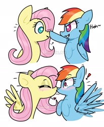 Size: 1455x1774 | Tagged: safe, artist:funnyk16, derpibooru import, fluttershy, rainbow dash, pegasus, pony, g4, 2 panel comic, :t, blushing, boop, comic, duo, exclamation point, eye clipping through hair, eyebrows, eyebrows visible through hair, eyes closed, female, floating heart, flutterdash, folded wings, heart, kiss on the lips, kissing, lesbian, question mark, shipping, simple background, spread wings, surprised, unexpected, white background, wingboner, wings