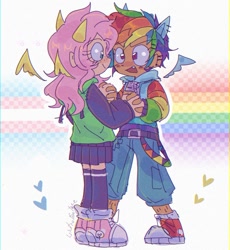 Size: 847x919 | Tagged: safe, artist:linter, derpibooru import, fluttershy, rainbow dash, human, g4, clothes, converse, cute, dashabetes, denim, duo, duo female, ear piercing, earring, eye contact, female, floating heart, floating wings, flutterdash, four ears, heart, holding hands, hoodie, humanized, jeans, jewelry, lesbian, looking at each other, looking at someone, open mouth, open smile, pants, piercing, pony ears, pride, pride flag, shipping, shoes, shyabetes, skirt, smiling, sneakers, socks, transgender pride flag, wings, younger