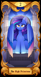 Size: 2500x4710 | Tagged: safe, artist:madelinne, derpibooru import, oc, oc only, pegasus, column, looking at you, pegasus oc, solo, tarot, tarot card, tarot cards by madelinne, throne, veil