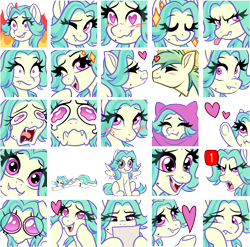 Size: 2860x2820 | Tagged: safe, artist:mxiiisy, derpibooru import, oc, oc only, oc:doodlebook, oc:lustrebeam, blushing, crying, emote, emotes, emotions, flop, heart, heart eyes, magenta eyes, simple background, teal mane, transparent background, wingding eyes