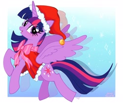 Size: 2048x1723 | Tagged: safe, artist:petaltwinkle, derpibooru import, twilight sparkle, twilight sparkle (alicorn), alicorn, pony, g4, bow, christmas, clothes, costume, female, gradient background, hat, holiday, jingle bells, looking at you, mare, open mouth, open smile, rearing, ribbon, santa costume, santa hat, show accurate, signature, smiling, smiling at you, solo, spread wings, wings