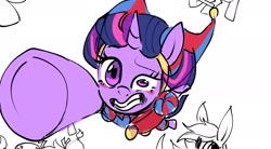 Size: 1803x993 | Tagged: safe, artist:petaltwinkle, derpibooru import, twilight sparkle, twilight sparkle (alicorn), alicorn, pony, g4, blush sticker, blushing, crossover, faic, female, gritted teeth, hat, jester, jester hat, jester outfit, mare, pomni, simple background, sketch, sketch dump, solo focus, teeth, the amazing digital circus, underhoof, white background