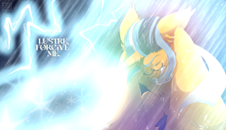 Size: 2000x1153 | Tagged: safe, artist:lustrebeam, derpibooru import, oc, oc only, oc:unknown unicorn warlock, unicorn, blue mane, clothes, glasses, lightning, lore, magic, orange coat, pouring, rain, scarf, scenery, solo, struggling