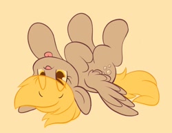 Size: 2048x1578 | Tagged: safe, artist:tamabel, derpibooru import, derpy hooves, pegasus, pony, g4, cute, derpabetes, female, mare, simple background, solo, spread wings, tongue, tongue out, upside down, wings, yellow background