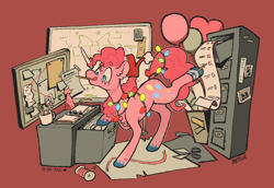 Size: 1532x1056 | Tagged: safe, artist:beyhr, derpibooru import, pinkie pie, earth pony, pony, g4, balloon, bipedal, candy, candy cane, christmas, christmas lights, coffee mug, female, file cabinet, food, hat, heart, heart balloon, holiday, mare, mouth hold, mug, party hat, pencil, red background, santa hat, simple background, solo, whiteboard