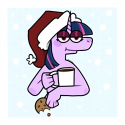 Size: 1440x1440 | Tagged: safe, artist:falloutfurret, derpibooru import, twilight sparkle, unicorn twilight, anthro, unicorn, g4, blue background, christmas, cookie, female, food, hat, holiday, lidded eyes, looking at you, mare, mug, santa hat, simple background, smiling, smiling at you, snow, snowfall, solo, ych example, your character here