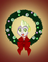 Size: 2550x3300 | Tagged: safe, artist:flutterluv, derpibooru import, spike, dragon, g4, bust, christmas, holiday, portrait, smiling, solo, wreath