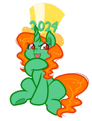 Size: 838x1098 | Tagged: safe, artist:paperbagpony, derpibooru import, oc, oc only, oc:emerald isle, 2024 community collab, derpibooru community collaboration, hat, simple background, sitting, solo, top hat, transparent background