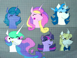 Size: 2048x1536 | Tagged: safe, artist:i-am-cholera, derpibooru import, prince blueblood, princess cadance, princess celestia, princess luna, shining armor, twilight sparkle, alicorn, pony, unicorn, g4, bowtie, eyebrows, eyebrows visible through hair, female, male, mare, stallion, traditional art