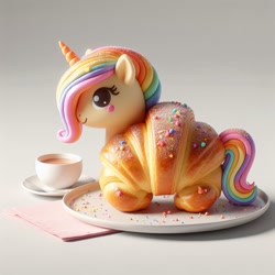 Size: 1024x1024 | Tagged: safe, ai content, derpibooru import, generator:bing image creator, machine learning generated, oc, oc only, food pony, original species, pony, unicorn, bread, coffee cup, croissant, cup, food, gradient background, multicolored hair, napkin, plate, ponified, prompter:pawels, rainbow hair, rainbow tail, shadow, solo, species swap, sprinkles, tail, unnamed oc