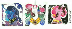 Size: 1440x592 | Tagged: safe, artist:i-am-cholera, derpibooru import, princess cadance, princess celestia, princess luna, alicorn, pony, g4, alternate hairstyle, curved horn, female, gouache, hood, horn, mare, peytral, traditional art, watercolor painting