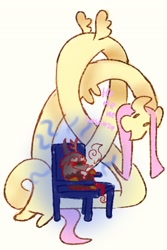 Size: 1365x2048 | Tagged: safe, artist:i-am-cholera, derpibooru import, discord, fluttershy, draconequus, pegasus, pony, g4, chair, duo, duo male and female, female, long pony, male, mare, simple background, sitting, smoking, smol, yellow background