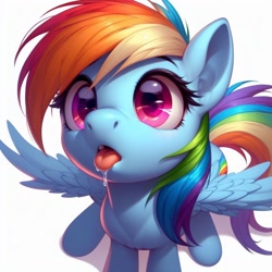 Size: 1024x1024 | Tagged: safe, ai content, derpibooru import, generator:dall-e 3, machine learning generated, rainbow dash, pegasus, pony, g4, behaving like a dog, cute, dashabetes, drool, drool string, female, hungry, looking at you, looking up, looking up at you, mare, prompter needed, salivating, simple background, solo, spread wings, tongue, tongue out, white background, wings, wrong cutie mark