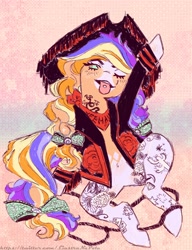 Size: 2000x2600 | Tagged: safe, artist:i-am-cholera, derpibooru import, oc, oc only, earth pony, pony, bow, clothes, commission, female, hair bow, hat, jacket, mare, neckerchief, one eye closed, piercing, pirate hat, solo, tail, tail bow, tongue, tongue out, tongue piercing, wink