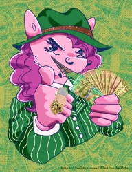 Size: 2000x2600 | Tagged: safe, artist:i-am-cholera, derpibooru import, pinkie pie, anthro, earth pony, g4, abstract background, braces, clothes, facial hair, female, goatee, grill, hat, jewelry, money, moustache, pinstripes, ring, solo, suit, thumbs up