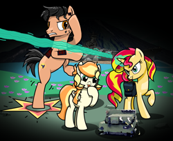 Size: 2455x2015 | Tagged: safe, derpibooru import, sunset shimmer, oc, oc:meakulu waimaka, oc:sodapop sprays, earth pony, pegasus, unicorn, art pack:yuraihn legacy, g4, augmented, battleship, blast, fight, hawaiian, magic, magic beam, magic blast