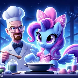 Size: 519x519 | Tagged: safe, ai content, derpibooru import, machine learning generated, trixie, human, unicorn, g4, bow, bowtie, breaking bad, chef's hat, cooking, duo, duo male and female, female, hair bow, hat, hol up, horn, male, mare, night, night sky, sky, walter white, wings, wooden spoon