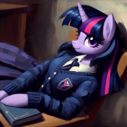 Size: 2048x2048 | Tagged: safe, ai content, derpibooru import, generator:bing image creator, machine learning generated, twilight sparkle, anthro, unicorn, g4, arm hooves, book, clothes, looking at you, school uniform, sitting, solo