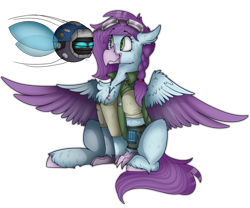 Size: 1546x1287 | Tagged: safe, artist:chillzone22, artist:molars, derpibooru import, oc, oc only, oc:aella breeze, hippogriff, robot, fallout equestria, 2024 community collab, derpibooru community collaboration, goggles, happy, hippogriff oc, pipbuck, simple background, spritebot, transparent background, wings