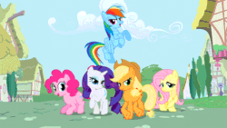Size: 700x394 | Tagged: safe, derpibooru import, screencap, applejack, fluttershy, pinkie pie, rainbow dash, rarity, earth pony, pegasus, pony, unicorn, g4, animated, applejack's hat, clothes, cloud, cowboy hat, crossed hooves, eyeshadow, female, flapping wings, flying, folded wings, freckles, gif, group, hat, horn, house, jumping, lidded eyes, looking at you, makeup, mare, open mouth, open smile, opening, opening theme, outdoors, ponyville, pronking, raised hoof, raised leg, remane five, smiling, smiling at you, spread wings, tail, theme song, tree, wings