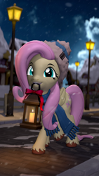 Size: 2160x3840 | Tagged: safe, artist:owlpirate, derpibooru import, fluttershy, pegasus, pony, g4, 3d, 4k, clothes, cute, female, high res, lantern, looking at you, mare, mouth hold, outdoors, scarf, shyabetes, smiling, smiling at you, snow, snowfall, solo, source filmmaker, unshorn fetlocks, winter, winter outfit