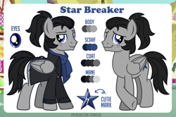 Size: 1200x798 | Tagged: safe, artist:jennieoo, derpibooru import, oc, oc only, oc:star breaker, pegasus, pony, g4, blue eyes, closed mouth, clothes, coat, color palette, commission, cutie mark, folded wings, freckles, jacket, leather, leather jacket, looking at you, male, pegasus oc, ponytail, scarf, smiling, smiling at you, solo, stallion, vector, wings