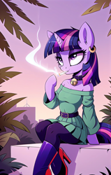 Size: 1024x1608 | Tagged: safe, ai content, derpibooru import, generator:easyfluff v11.2, generator:stable diffusion, machine learning generated, twilight sparkle, anthro, unicorn, g4, arm hooves, bell, bell collar, belt, boots, city, cityscape, clothes, collar, dress, drugs, ear piercing, earring, high heel boots, jewelry, marijuana, piercing, prompter:saphkey, shoes, smoking, solo