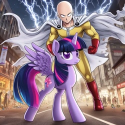 Size: 1024x1024 | Tagged: safe, ai content, derpibooru import, machine learning generated, twilight sparkle, twilight sparkle (alicorn), alicorn, human, pony, g4, alternate cutie mark, anime, crossover, female, male, one punch man, prompter:meshari7, saitama, superhero