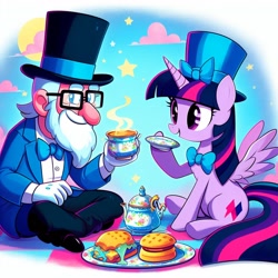 Size: 1024x1024 | Tagged: safe, ai content, derpibooru import, machine learning generated, twilight sparkle, twilight sparkle (alicorn), alicorn, human, g4, bowtie, cup, female, hat, male, picnic blanket, prompter:meshari7, tea party, teacup, teapot