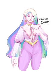 Size: 2830x3860 | Tagged: safe, artist:ohmisweetgoodness, derpibooru import, princess celestia, human, g4, albino, alternate hairstyle, belly button, belt, breasts, clothes, ear piercing, earring, elf ears, female, human female, humanized, jewelry, makeup, nail polish, pants, piercing, princess breastia, regalia, ring, shirt, sideboob, simple background, solo, tattoo, white background