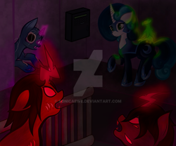 Size: 827x688 | Tagged: safe, artist:sonicaewe, derpibooru import, oc, balefire phoenix, ghoul, phoenix, pony, undead, fallout equestria, g4, canterlot, canterlot ruins, deviantart watermark, fallout equestria remains, obtrusive watermark, remains, watermark