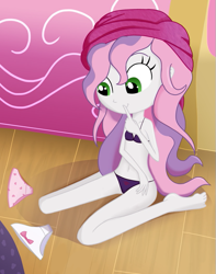 Size: 473x600 | Tagged: safe, artist:ohohokapi, edit, sweetie belle, human, equestria girls, g4, belly button, bra, clothes, heart, heart print underwear, panties, ribbon, solo, underwear, underwear edit