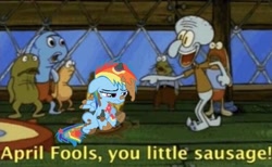 Size: 680x420 | Tagged: safe, derpibooru import, edit, edited screencap, screencap, rainbow dash, g4, abuse, abuse edit, dashabuse, fools in april, op is a cuck, op is trying to start shit, rainbow trash, reference, sad, spongebob reference, spongebob squarepants, squidward tentacles