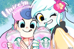 Size: 1170x780 | Tagged: safe, artist:rikuta, equestria girls, character:bon bon, character:lyra heartstrings, character:sweetie drops, clothes, clothing, drink, duo, grin, hoodie, my little pony:equestria girls, smiling, starbucks, unicorn frappuccino